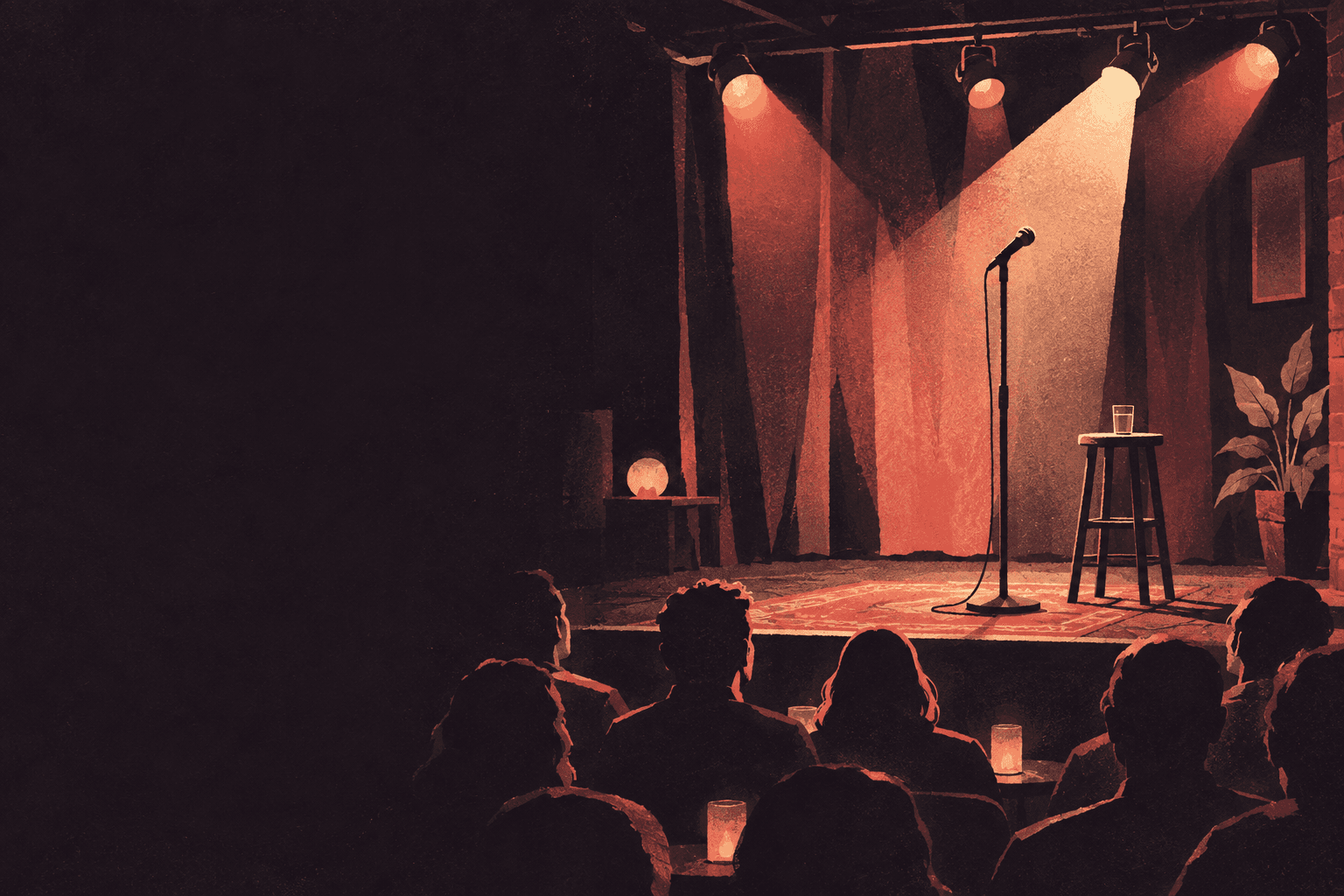 Illustrated intimate comedy stage with a microphone, warm spotlights, and an audience